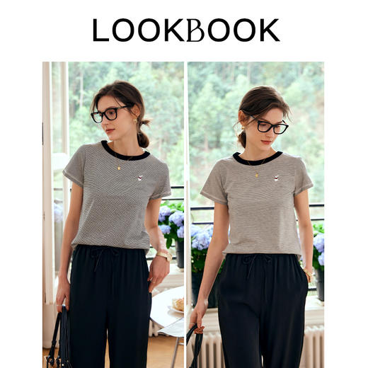 OLrain欧芮儿条纹T恤女夏季2024年新款百搭宽松圆领刺绣短袖上衣 商品图4