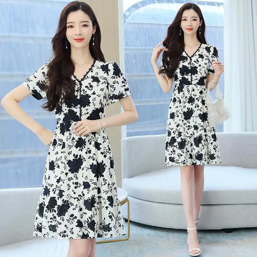法式碎花连衣裙女短袖2024夏季高级感收腰气质显瘦中长款a字裙子 商品图0