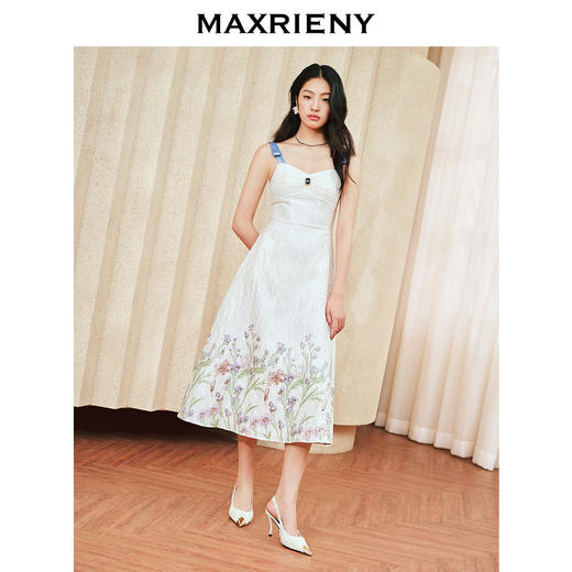 MAXRIENY浪漫花卉提花撞色飘带连衣裙2024夏季新款抹胸吊带长裙(货号:MS85DR010) 商品图2
