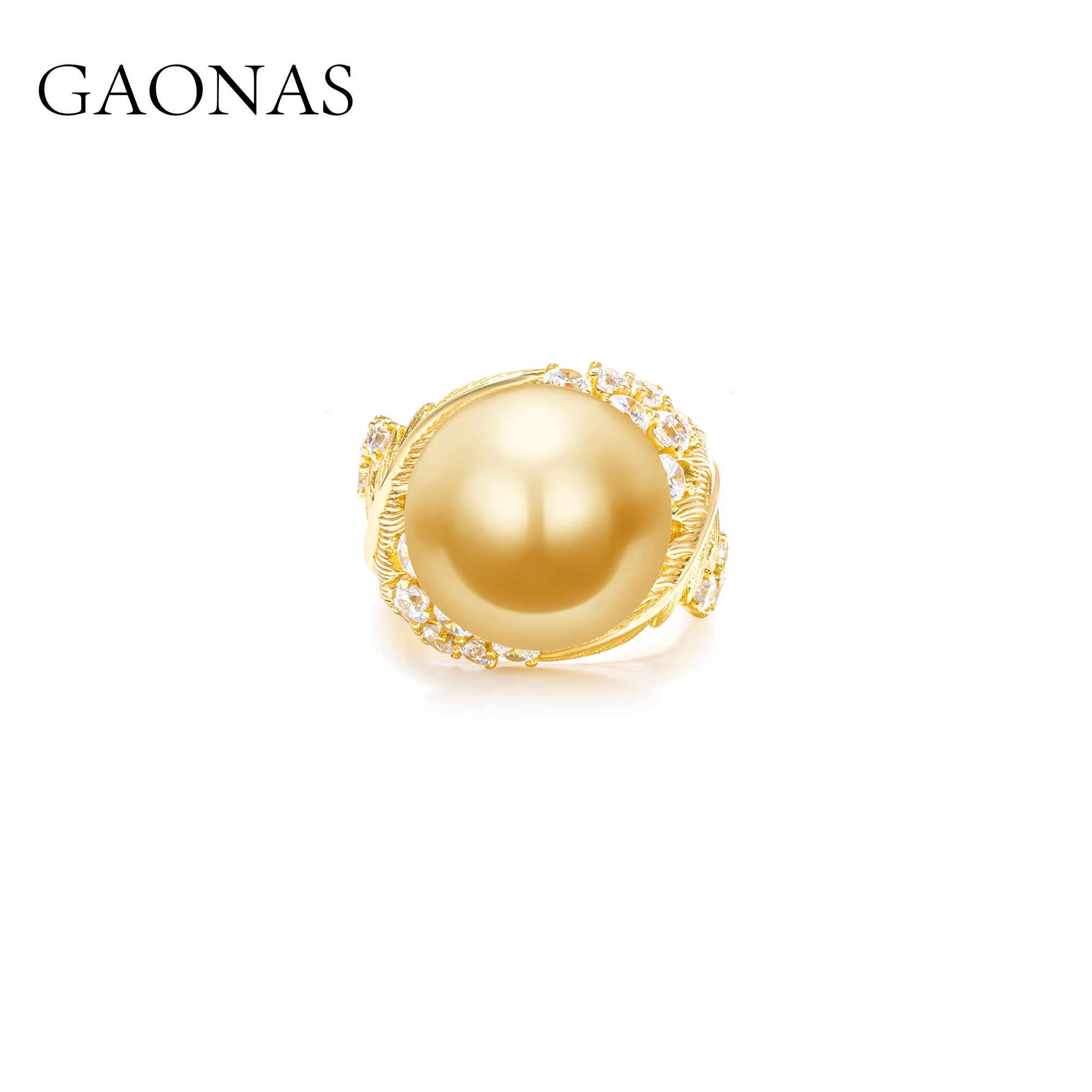 GAONAS 925银仿珍珠戒指 金珠高定设计重磅豪镶叶片戒指 10312JGO