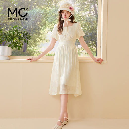 mc2方领蝴蝶印花连衣裙女装2024夏季新款收腰显瘦法式温柔风白色 商品图1