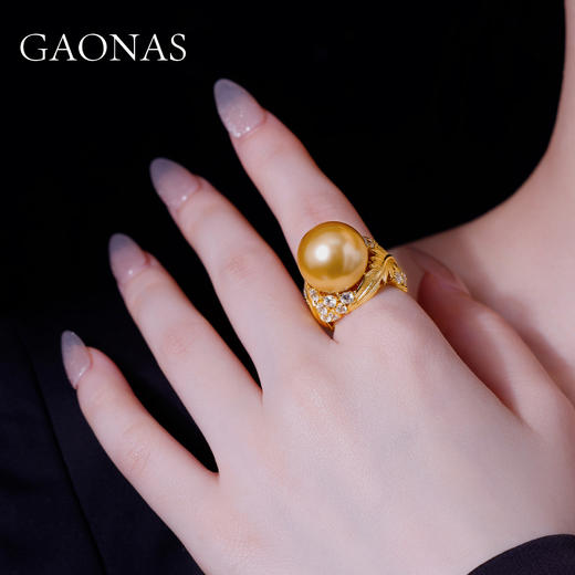 GAONAS 925银仿珍珠戒指 金珠高定设计重磅豪镶叶片戒指 10312JGO 商品图3
