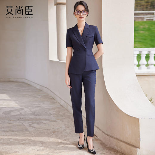 藏青色西装套装女销售白领休闲夏季2024年新款短袖教师女装两件套 商品图3