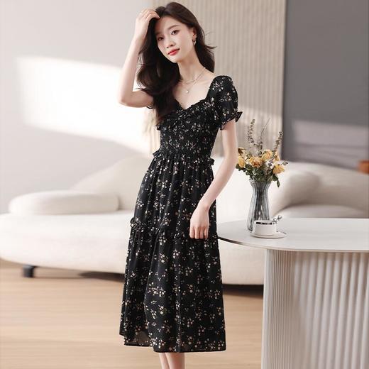 度假旅游气质连衣裙2024夏季新款显瘦温柔v领碎花小黑裙中长裙子 商品图2