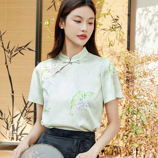 玳莎中式立领真丝小衫女2024夏季新款盘扣设计感小众优雅印花上衣  EB31101 商品图2