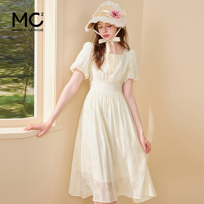 mc2方领蝴蝶印花连衣裙女装2024夏季新款收腰显瘦法式温柔风白色