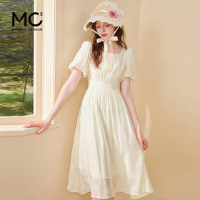 mc2方领蝴蝶印花连衣裙女装2024夏季新款收腰显瘦法式温柔风白色