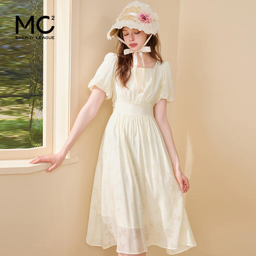 mc2方领蝴蝶印花连衣裙女装2024夏季新款收腰显瘦法式温柔风白色 商品图0