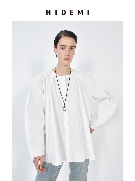 HIDEMI 白色极简廓形宽松圆领大摆设计感镂空袖衬衫上衣 商品图1
