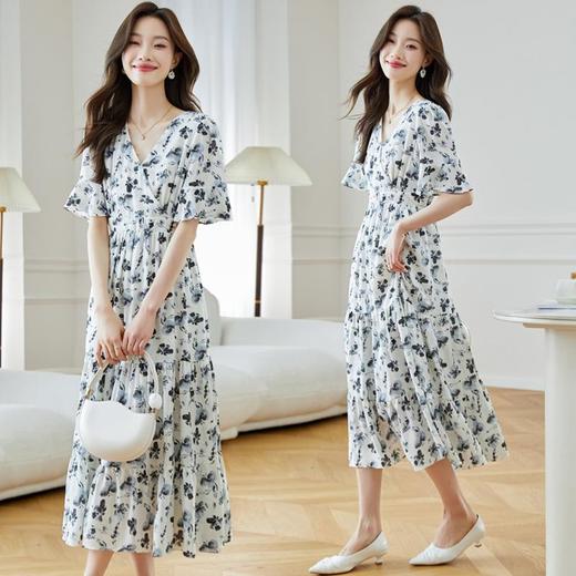 连衣裙女夏季2024新款气质中长款短袖V领雪纺碎花荷叶袖大摆长裙 商品图0