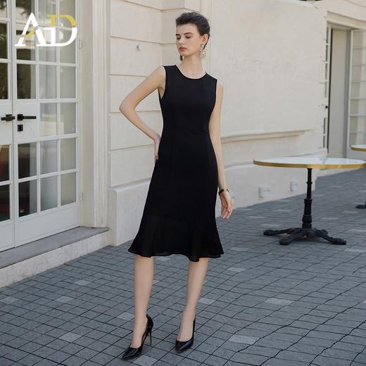 AD性感鱼尾裙女黑色背心连衣裙不规则荷叶边裙子中长款雪纺西装裙 商品图0