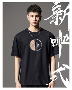 PINLI品立新中式夏季新款圆领烫钻短袖T恤潮牌休闲国潮男上衣BG242111063