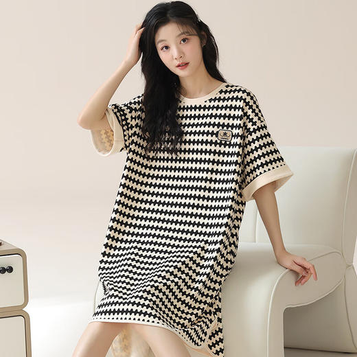 可人儿夏季纯棉睡衣女夏天薄款全棉休闲格子睡裙少女家居服连衣裙 商品图4