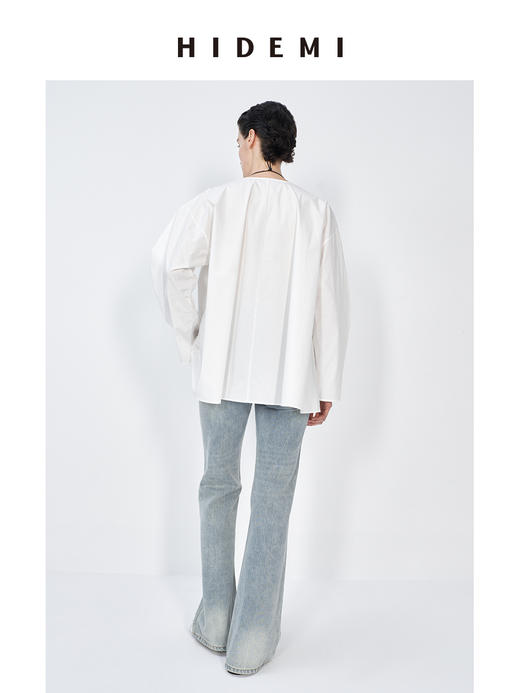 HIDEMI 白色极简廓形宽松圆领大摆设计感镂空袖衬衫上衣 商品图5