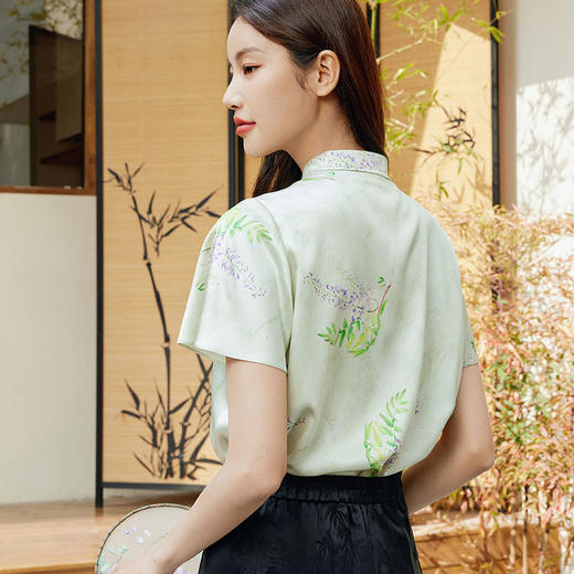 玳莎中式立领真丝小衫女2024夏季新款盘扣设计感小众优雅印花上衣  EB31101 商品图3