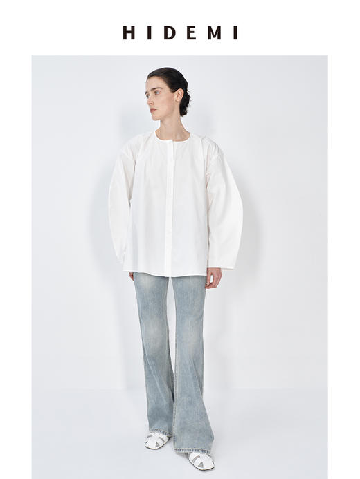 HIDEMI 白色极简廓形宽松圆领大摆设计感镂空袖衬衫上衣 商品图3