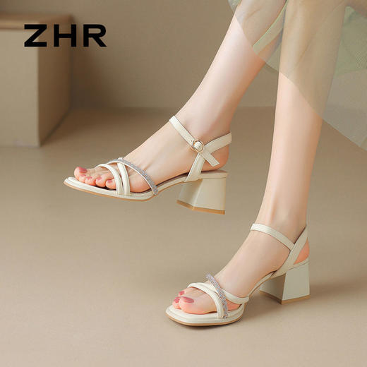 ZHR则则法式一字带粗跟凉鞋2024新款时尚百搭仙女气质女鞋ins简约 商品图4