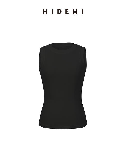 HIDEMI 【董生活同款】超显瘦小圆领收身弹力坑条针织短款背心 豆沙灰绿/炭灰蓝黑/白色 商品图3