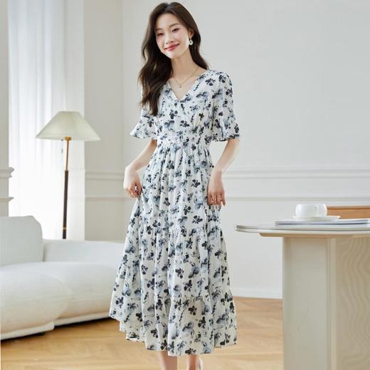 连衣裙女夏季2024新款气质中长款短袖V领雪纺碎花荷叶袖大摆长裙 商品图3