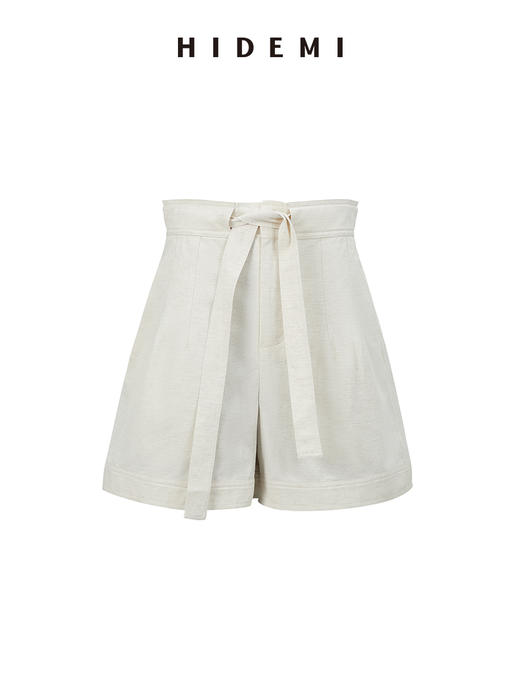 HIDEMI 极简水洗亚麻原色条纹卷边短款套装 上衣/短裤 商品图7