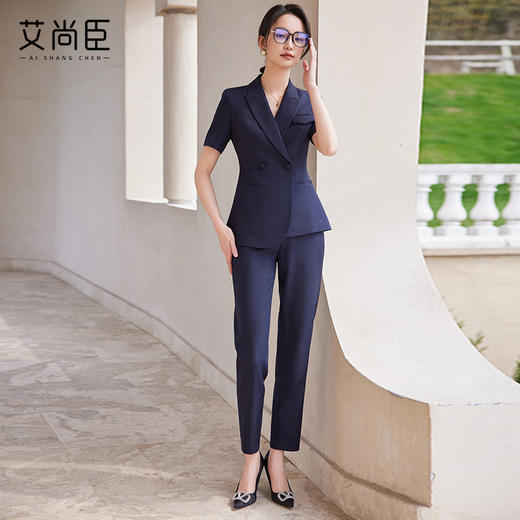 藏青色西装套装女销售白领休闲夏季2024年新款短袖教师女装两件套 商品图4