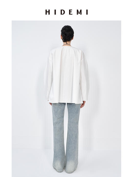 HIDEMI 白色极简廓形宽松圆领大摆设计感镂空袖衬衫上衣 商品图4