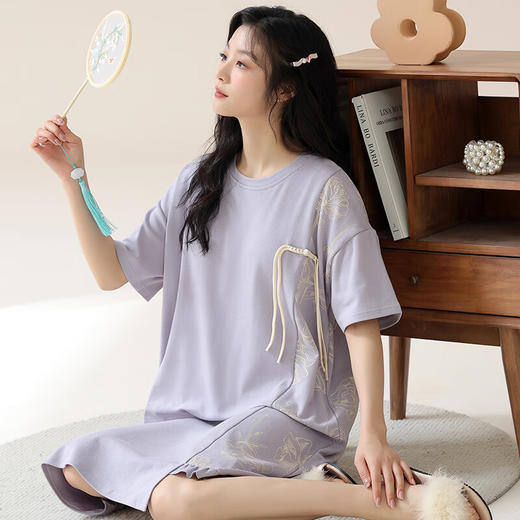 可人儿夏季纯棉睡衣女新中式带胸垫睡裙夏天全棉学生家居服连衣裙 商品图4