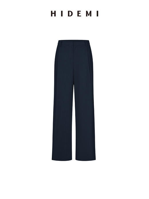 HIDEMI 【董生活同款】极简细条纹压褶设计感宽松阔腿中低腰西裤长裤 藏蓝色/燕麦色 商品图14
