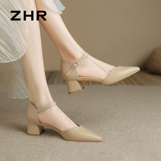 ZHR则则尖头气质凉鞋2024新款百搭时尚包头凉鞋粗跟一字法式女鞋 商品图7