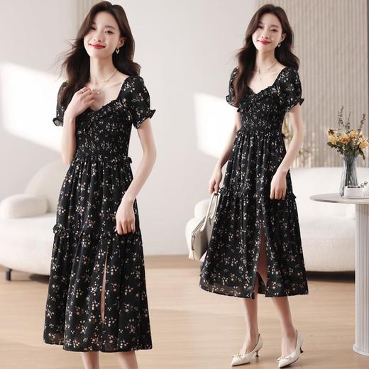 度假旅游气质连衣裙2024夏季新款显瘦温柔v领碎花小黑裙中长裙子 商品图1