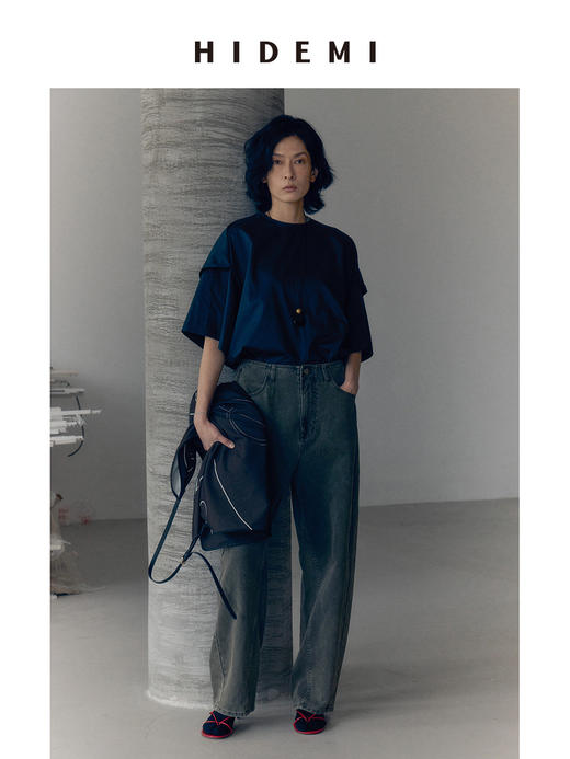 HIDEMI 小飞侠系列极简丝巾堆叠立体剪裁中袖清透感上衣阔腿裤套装 商品图12