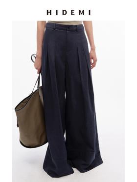 HIDEMI 【超模裤】极简自然水洗亚麻廓形高腰休闲阔腿裤休闲长裤