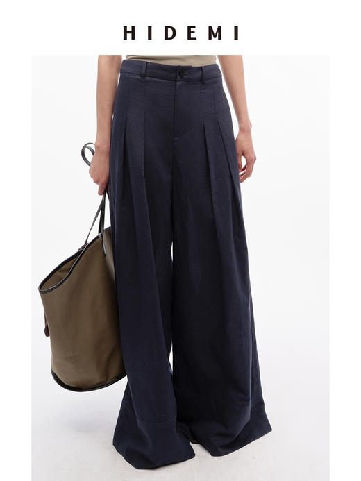 HIDEMI 【超模裤】极简自然水洗亚麻廓形高腰休闲阔腿裤休闲长裤 商品图0