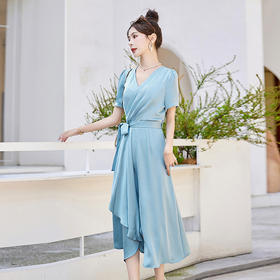 HRFS-55059夏上新气质时尚优雅轻熟风收腰显瘦洋气减龄纯色中长款连衣裙