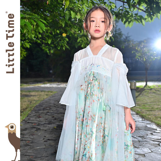 littletime女童绿色中国风碎花汉服中袖连衣裙女孩夏季连衣裙 商品图2