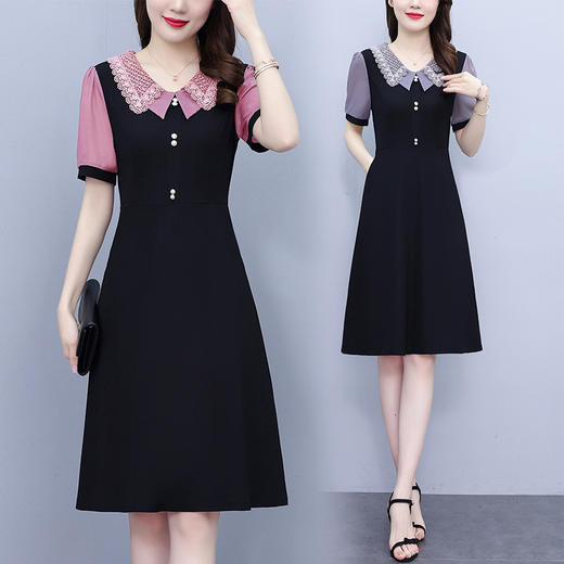 HT-8308大码女装法式小黑裙夏季女时尚拼接收腰显瘦连衣裙淑女 商品图2