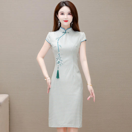 国风优雅，格纹改良旗袍裙QYM-YJ-24004-L 商品图1