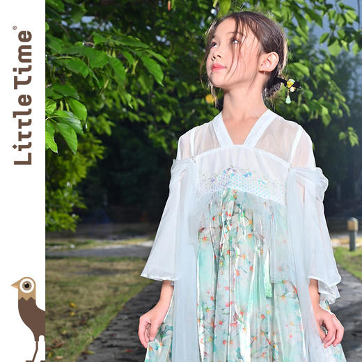 littletime女童绿色中国风碎花汉服中袖连衣裙女孩夏季连衣裙 商品图1