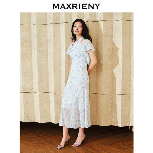 MAXRIENY改良新中式珠扣连衣裙2024春季新品挂脖鱼尾裙子中长款(货号:MS85DR013) 商品图1