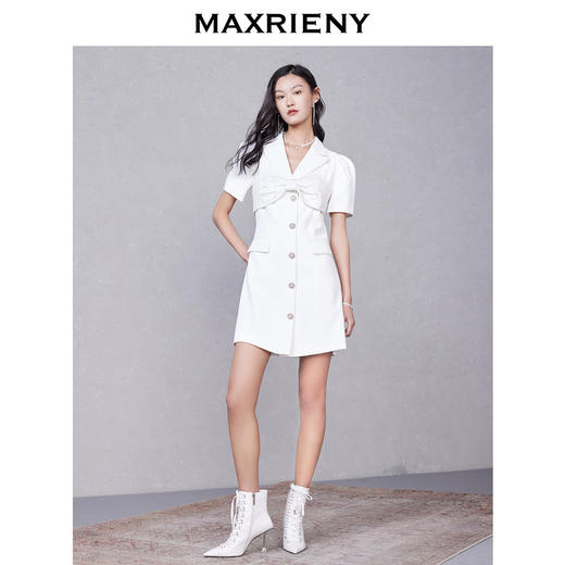 MAXRIENY白色西装裙夏短袖蝴蝶结连衣裙复古中长(货号:MC87DR285) 商品图1