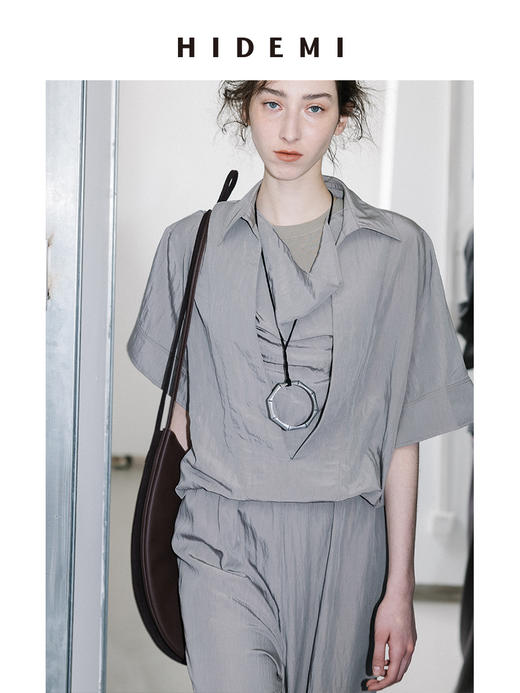 HIDEMI 极简微褶皱柔顺清透设计感假两件短袖长裤套装 商品图7