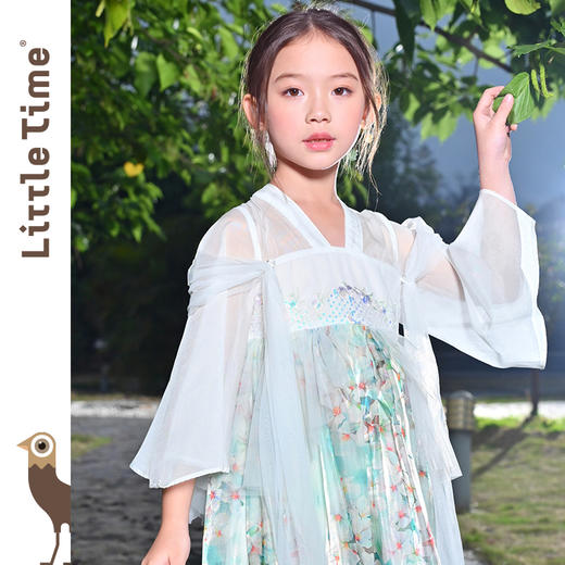 littletime女童绿色中国风碎花汉服中袖连衣裙女孩夏季连衣裙 商品图0