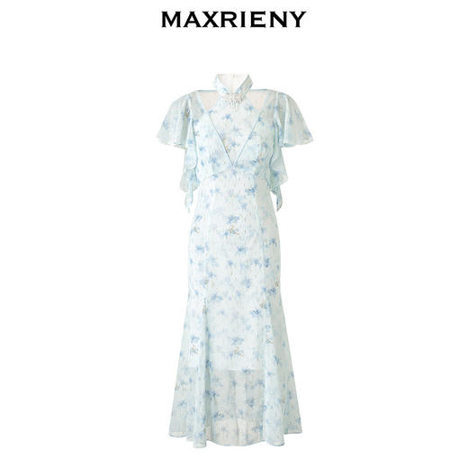 MAXRIENY改良新中式珠扣连衣裙2024春季新品挂脖鱼尾裙子中长款(货号:MS85DR013) 商品图4