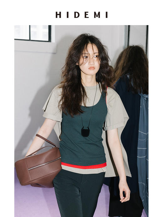 HIDEMI 小飞侠系列极简丝巾堆叠感多穿式水洗棉短袖t恤  燕麦米灰/白色/黑色 商品图11