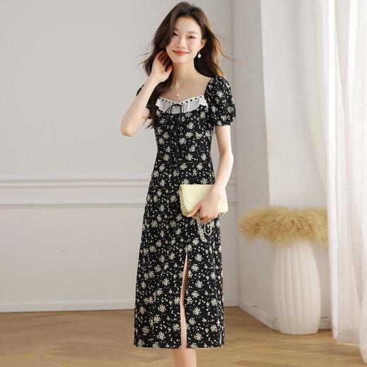黑色碎花连衣裙女夏短袖2024新款女装法式小众小雏菊茶歇中长裙子 商品图0