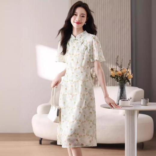 新中式国风雪纺连衣裙女短袖2024夏新款复古修身显瘦中长款碎花裙 商品图1