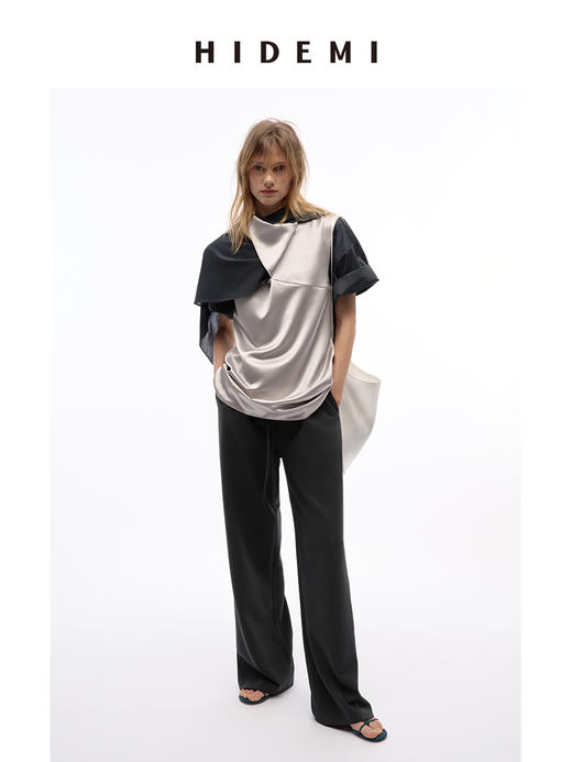 HIDEMI 小飞侠系列极简丝巾堆叠立体剪裁中袖清透感上衣阔腿裤套装 商品图9