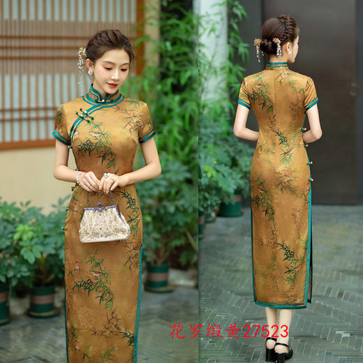 复古国风花罗缎，长款短袖旗袍GX-27523 商品图1