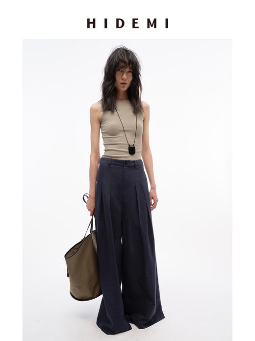 HIDEMI 【超模裤】极简自然水洗亚麻廓形高腰休闲阔腿裤休闲长裤 商品图7