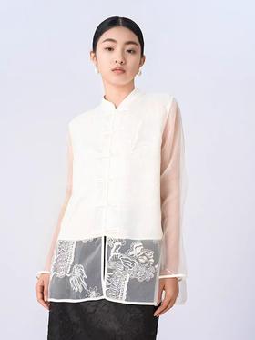 喜出 888重工盘扣拼网纱立领上衣